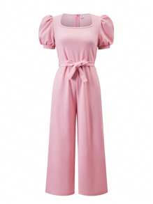 少女纯色方领泡泡袖休闲连体裤