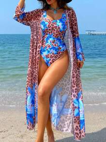 SHEIN Swim 2pcs Swimsuit Set: Tropical Print Kimono Cover Up + Sexy Leopard & Hibiscus Blue Flower Two-Piece Swimwear Suit For Beach Holiday For Summer Beach Vacation - Multicolor - View 5