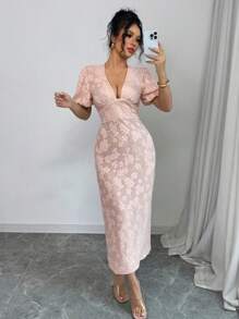 Elenzga 女士优雅法式提花 V 领修身中长连衣裙，带腰带、泡泡袖、开衩下摆，适合通勤和情人节，粉色 - 粉色 - 查看 5