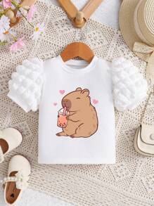 SHEIN Young Girl Casual Cute Graphic Round Neck Short Sleeve T-Shirt, Suitable For Summer Summer Holiday - White - View 3