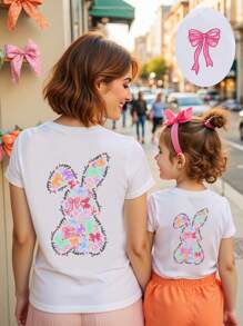 Baby Girl Easter Holiday Casual Creative Colorful Ribbon Bow Rabbit Print Basic Short Sleeve T-Shirt, Mommy And Me Matching (Sold Separately) - White - View 1