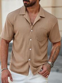 Manfinity Homme 男士夏季休闲纯色纹理短袖衬衫，带口袋，男士夏季衬衫，送给丈夫和男友的礼物，送给朋友