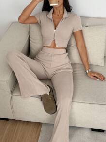 Flirla Women's 2pcs/Set Apricot Ribbed Knit Zip-Up Collar Tight Short Sleeve Crop Top & Vintage Flare Pants, Soft Comfortable Casual Sports Athleisure Daily Wear For Women, Spring/Summer - Apricot - View 1