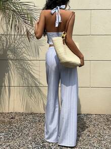 Sunnyshic Women's 2pcs/Set Women Vacation Casual Striped Halter Top And Long Pants. Spring/Summer