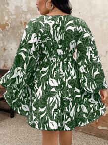 大码假日休闲全印花喇叭袖连衣裙 - 綠色 - 查看 2