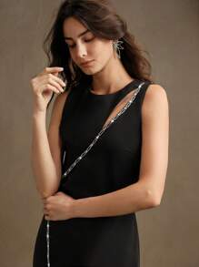 Elegant Chic High-End Luxury Design Hollow Chain Long Sleeve Slit Fitted Dress, Suitable For Wedding Guest, Party, Valentine, Black - Black - View 3