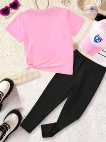 Tween Girls Casual Fashion Double Buns Hairband With Sunglasses & Girl Pattern T-Shirt With Leggings Set - Multicolor - View 2