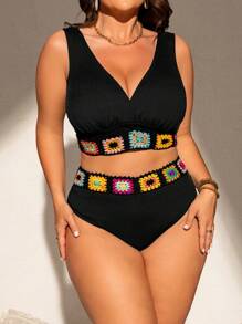 Swim Lushoire Plus Size Women Ribbed Floral Decorated Adjustable Strap Bikini Set, Beach Vacation Swimwear For Summer