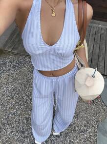 Sunnyshic Women's 2pcs/Set Women Vacation Casual Striped Halter Top And Long Pants. Spring/Summer