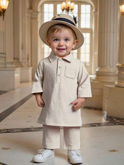 Toddler Boys' Solid Color Half-Zip Long Sleeve Top And Matching Pants Set, Elegant Minimalist Design, Loose Fit, Suitable For Outings, Home, Study And Gatherings, Comfortable Spring/Autumn