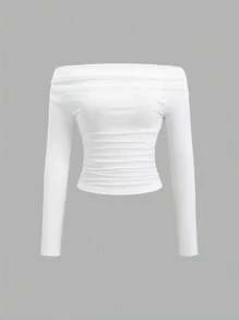 Sweetra Women's Solid Color Long Sleeve Ruched Off Shoulder Blouse - Multicolor - View 5
