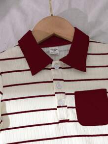 SHEIN Genkimix Kids 2pcs Young Boy Summer Textured Striped Polo Collar Top And Cargo Pants Set - Burgundy - View 7