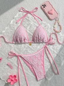 SHEIN Sweetro 2 件套女士海滩夏季服装，纹理面料花卉蕾丝上衣配金色花朵装饰和抽绳侧比基尼泳裤，泳装度假 - 粉色 - 查看 1