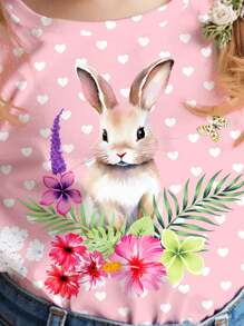 SHEIN Pressed Flowers Tee, Rabbit Boho Wildflowers, Rabbit Plant Tee, Vintage Botanical Tee, Rabbit Pastel Floral Nature Tee, Baby Girl Casual Minimalist Short Sleeve Round Neck Top, Suitable For Summer