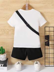 SHEIN Set 3 áo thun và quần đùi có túi cho bé trai, thời trang thể thao giản dị và dễ thương cho mùa xuân hè - màu đen - Xem 2