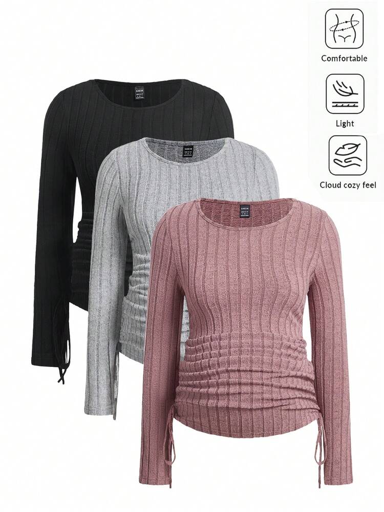 Maternity Casual Solid Color Ribbed Side Drawstring Long Sleeve T-Shirt, Autumn