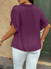 Plus Size Women's Casual Solid Color Ruffle Trim Short Sleeve Loose Blouse - Purple - View 2