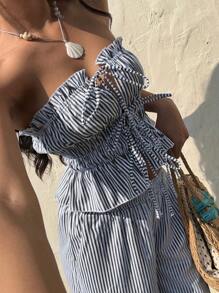 Sunnyshic 2 件套女式抹胸条纹上衣和裤子套装，适合夏季的简约时尚 - 淺灰色 - 查看 6