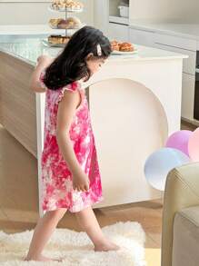 SHEIN 雪花公主印花女童睡裙舒适可爱风格无袖公主睡衣女童睡衣年轻女孩舒适家居服 - 玫紅色 - 查看 4