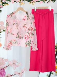 2 Pcs Tween Girls' Elegant Floral Chiffon Blouse Set - Hot Pink - View 1