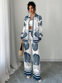 Chiquease 米色底色黑色花朵印花优雅休闲日常两件套女士套装，长袖立领纽扣前开襟衬衫，松紧腰宽松直筒印花裤，藏青色衬衫，藏青色裤子，女士春季服装 - 藏蓝色 - 查看 7