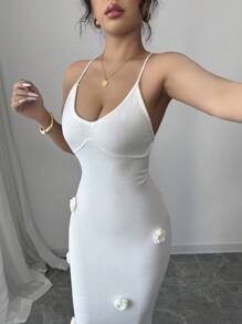 Elenzga 女士度假 3D 花卉透明海滩交叉系带侧裙 - 米色 - 查看 5