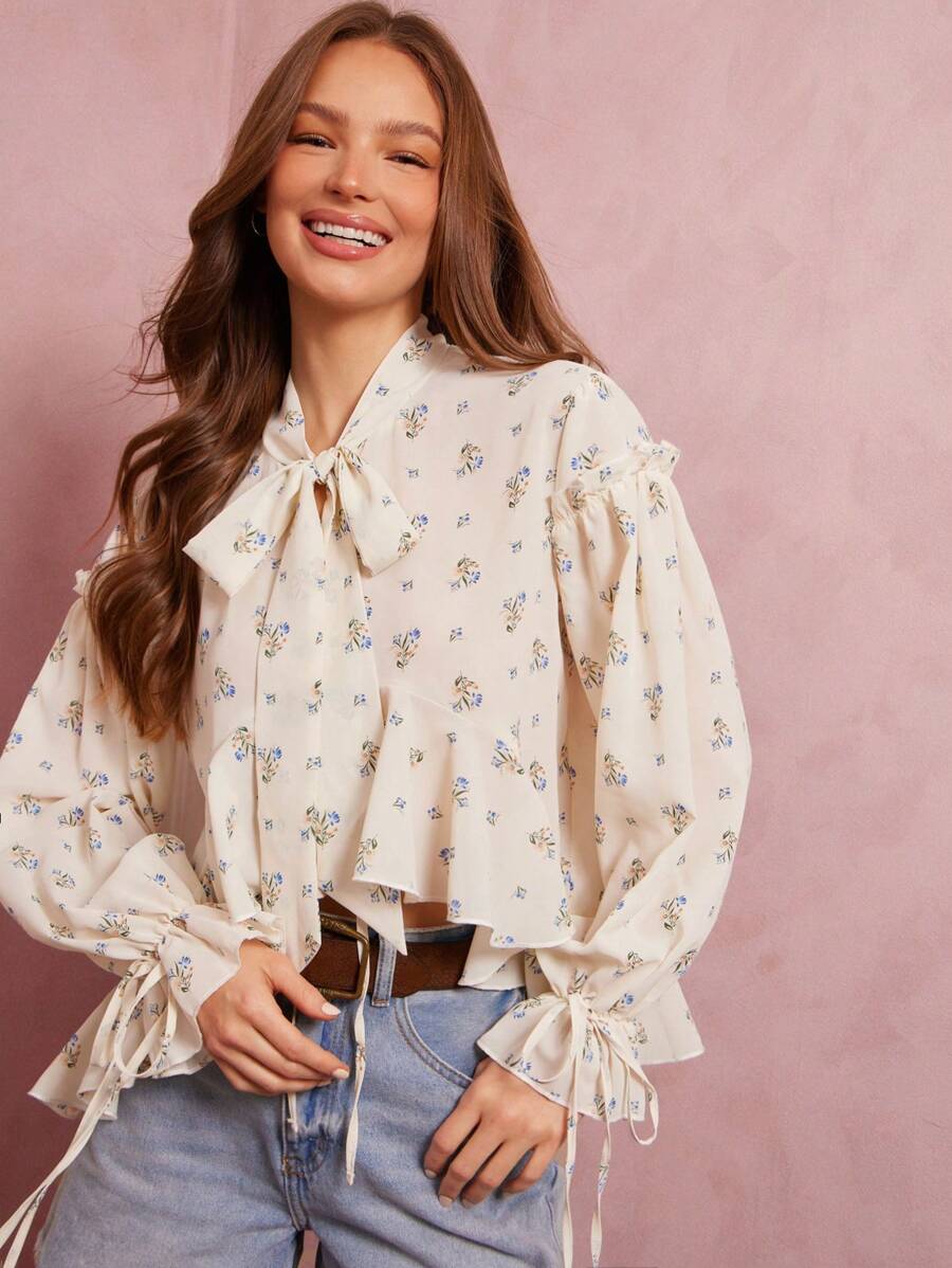 WESTFADE Floral Printed Scarf Tie Ruffle Peplum Long Sleeve Crop Top - White - View 1