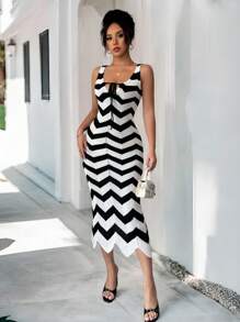 Chiquease Nouvelle arrivée Robe en tricot de style européen américain décontracté d'été / printemps, à fines bretelles, lacets sexy et style resort pour femmes - Noir et Blanc - Voir 1