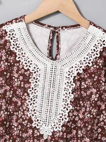 SHEIN Tween Girl Vacation Ditsy Floral Contrast Lace Long Sleeve Casual Dress Young Girls Dresses - Burgundy - View 4