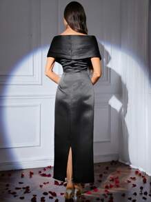 Modelyn Women Off-Shoulder Pleated Elegant Slim Fit Dress - Black - View 3