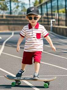 SHEIN Genkimix Kids 2pcs Young Boy Summer Textured Striped Polo Collar Top And Cargo Pants Set - Burgundy - View 3