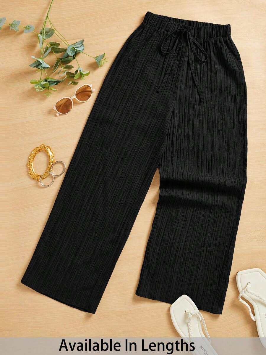 SHEIN Tall CURVE 夏季休闲纹理阔腿七分裤 - 黑色 - 查看 1