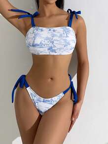 SHEIN Swim Fashionable Vacation Retro French Printed Tie Bow Women Summer Bikini Set