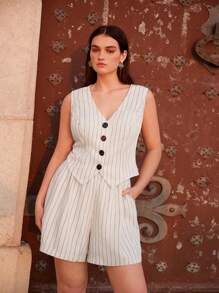 Maija 2pcs/Set Plus Size Women Striped Business Commuter Vest Camisole And Shorts Set - White - View 1