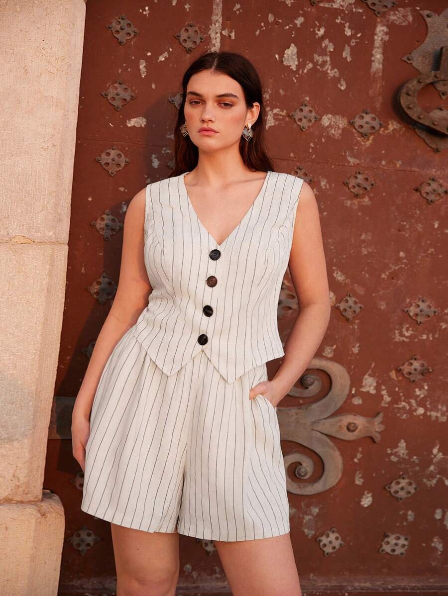 Maija 2pcs/Set Plus Size Women Striped Business Commuter Vest Camisole And Shorts Set - White - View 1