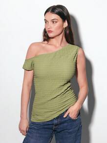 Maija Plus-size asymmetrische zoom T-shirt van getextureerde stof, korte mouwen