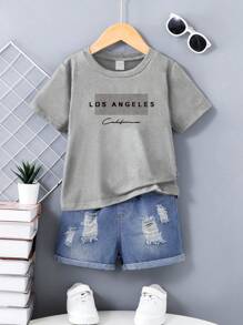 2pcs/Set Young Boy Simple English Letters Print T-Shirt And Ripped Denim Jeans Set - Grey - View 1