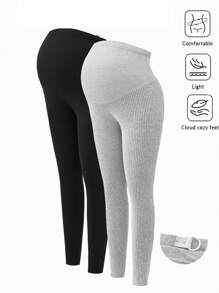 Modmama 2 件纯色基本款孕妇针织紧身裤，休闲日常穿着