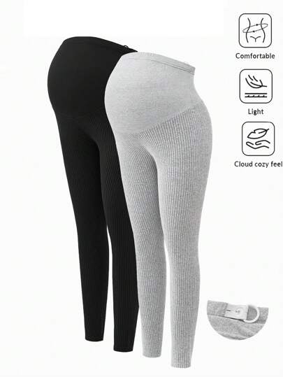 Modmama 2pcs Solid Color Basic Maternity Knitted Leggings, Casual Daily Wear
