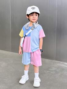 SHEIN 2pcs/Set Young Boys Casual Comfortable Versatile Contrast Color Patchwork Short Sleeve Top And Shorts