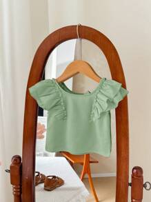 SHEIN LMoss Kids LMoss Babygirl Summer Vacation Cute Solid Color Ruffle Trim Blouse - Green - View 2
