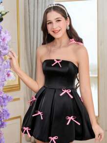 SHEIN Teens (Girls) Simple Elegant Dress With Bowknot Decor Bandeau Neckline