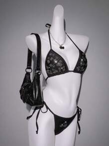 SHEIN ICON Top de bikini de mujer con cuello de halter y adornos de rhinestone, para el verano y las vacaciones en la playa