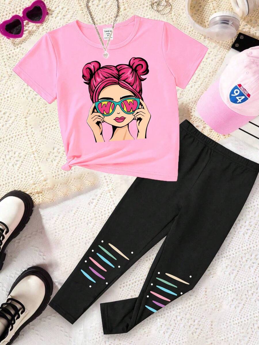 Tween Girls Casual Fashion Double Buns Hairband With Sunglasses & Girl Pattern T-Shirt With Leggings Set - Multicolor - View 1