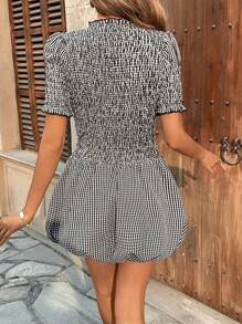 Chiquease Ruffle Hem Plaid Puff Sleeve Mini Dress - Black - View 2