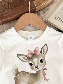 SHEIN Vintaside Kids Baby/Baby Girl Vintage Floral Deer With Bow Print Round Neck Short Sleeve T-Shirt - White - View 4