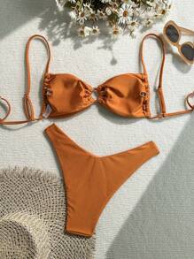 SHEIN Swim 2pcs/Set Women Vacation Beach Outfits, Solid Color Spaghetti Strap Shirt With Golden Circle Strap Decor And High Cut Bikini Bottoms - Rust Brown - View 2