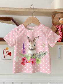 SHEIN Pressed Flowers Tee, Rabbit Boho Wildflowers, Rabbit Plant Tee, Vintage Botanical Tee, Rabbit Pastel Floral Nature Tee, Baby Girl Casual Minimalist Short Sleeve Round Neck Top, Suitable For Summer