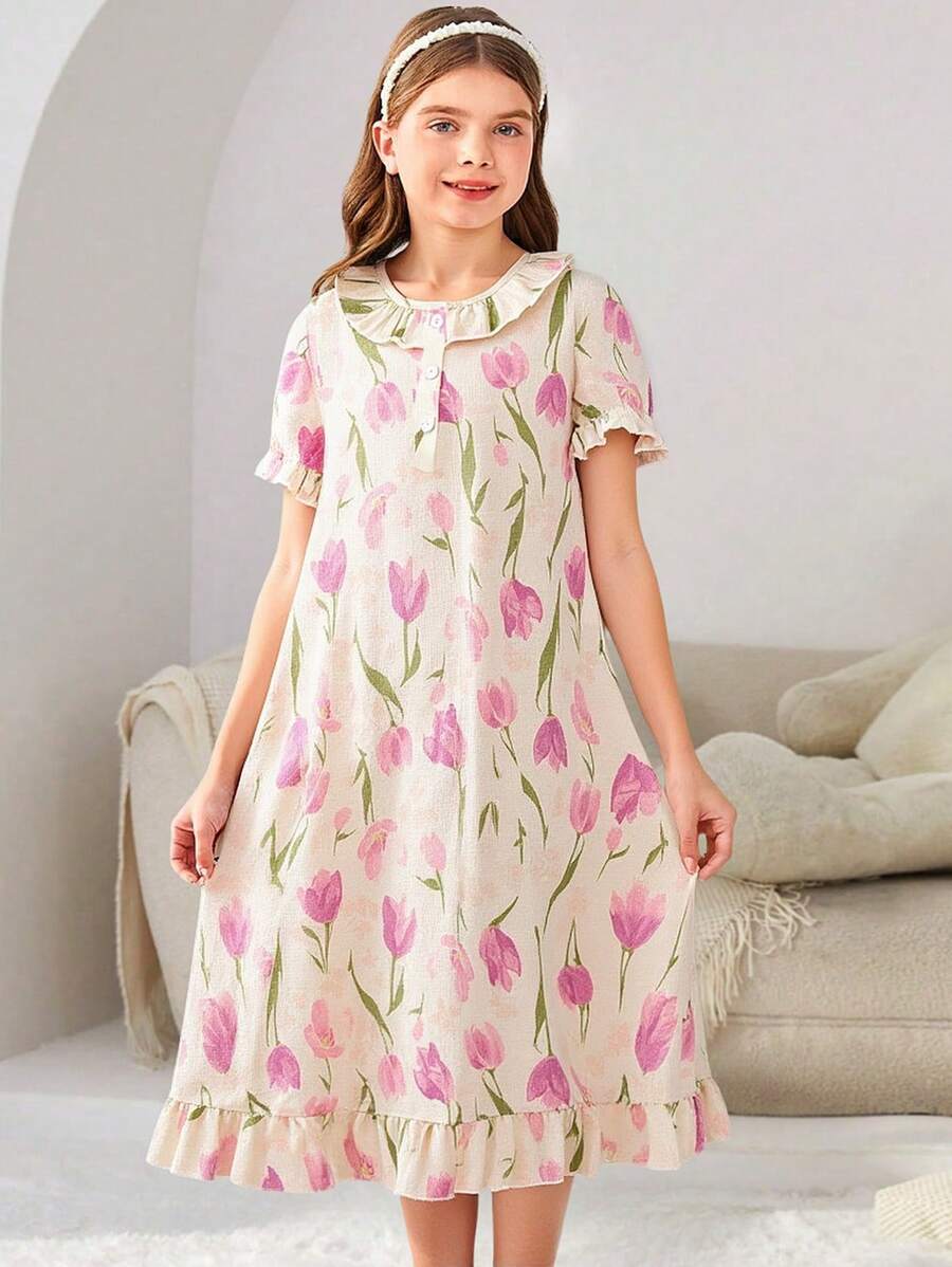 1pc Tween Girls Tulip Printed Bubble Sleeves Casual Nightgown Pajama Set,Summer,Travel - Multicolor - View 1