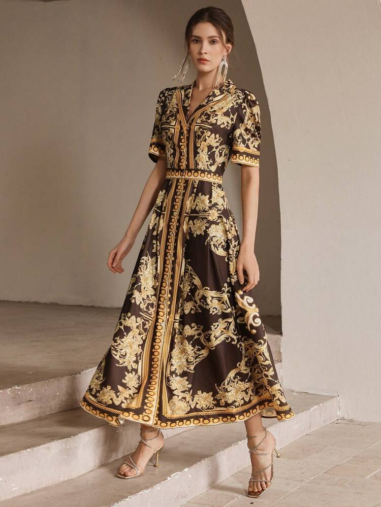 Fashionable Palace Style Printed Lapel Single-Breasted Cinched Waist Elegant Dress For Women, Festival, Going Out, Vacation Outfits Dresses For Women Spring Women Clothing Dresses